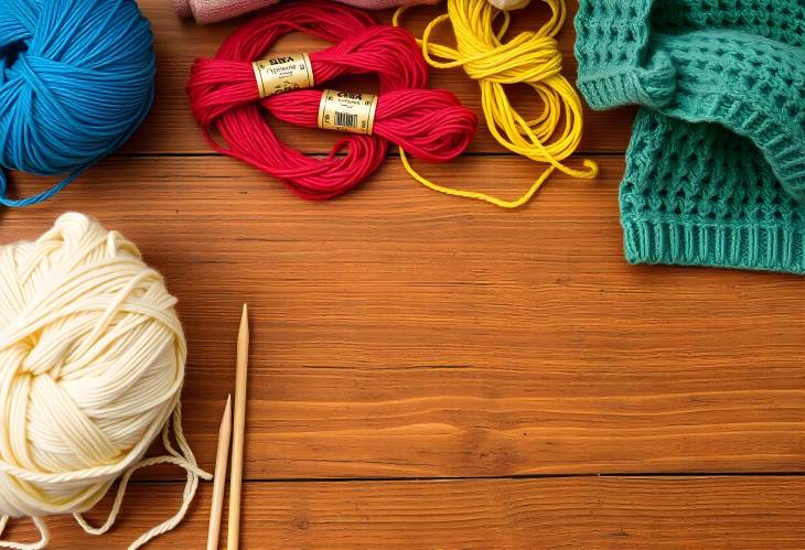 Artistic Knitting Corner Color Threads and Needles on the Table